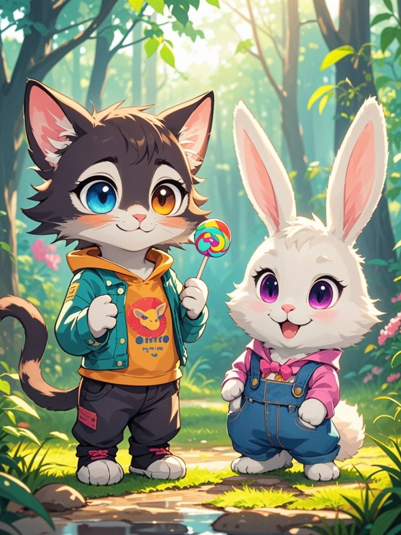 Lollipop Cat and Jeans-Wearing Rabbit — あん77さんのAIイラスト