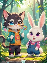 Lollipop Cat and Jeans-Wearing Rabbit — あん77さんのAIイラスト