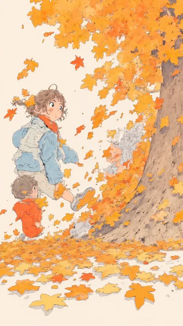 落ち葉を踏みしめる子どもたち - 画像生成チャレンジ