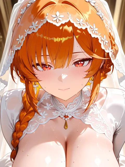 きちんとした服装、長いレースのベールをかぶった花嫁の成年女性