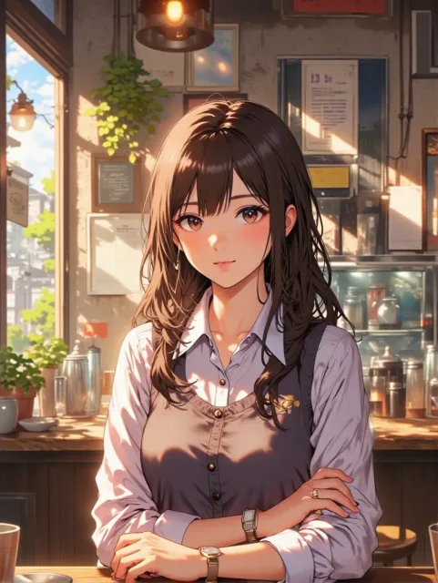 きちんとした服装、喫茶店の看板娘の成年女性、目線の高さから