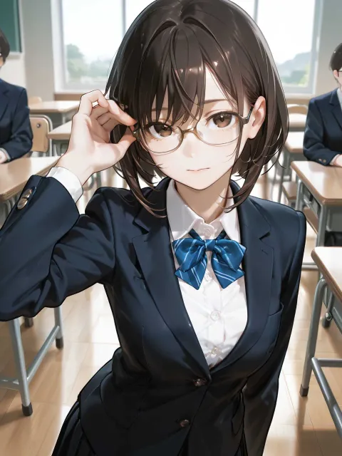 眼鏡をかけた委員長風の成年女性、転校生として立つ教壇