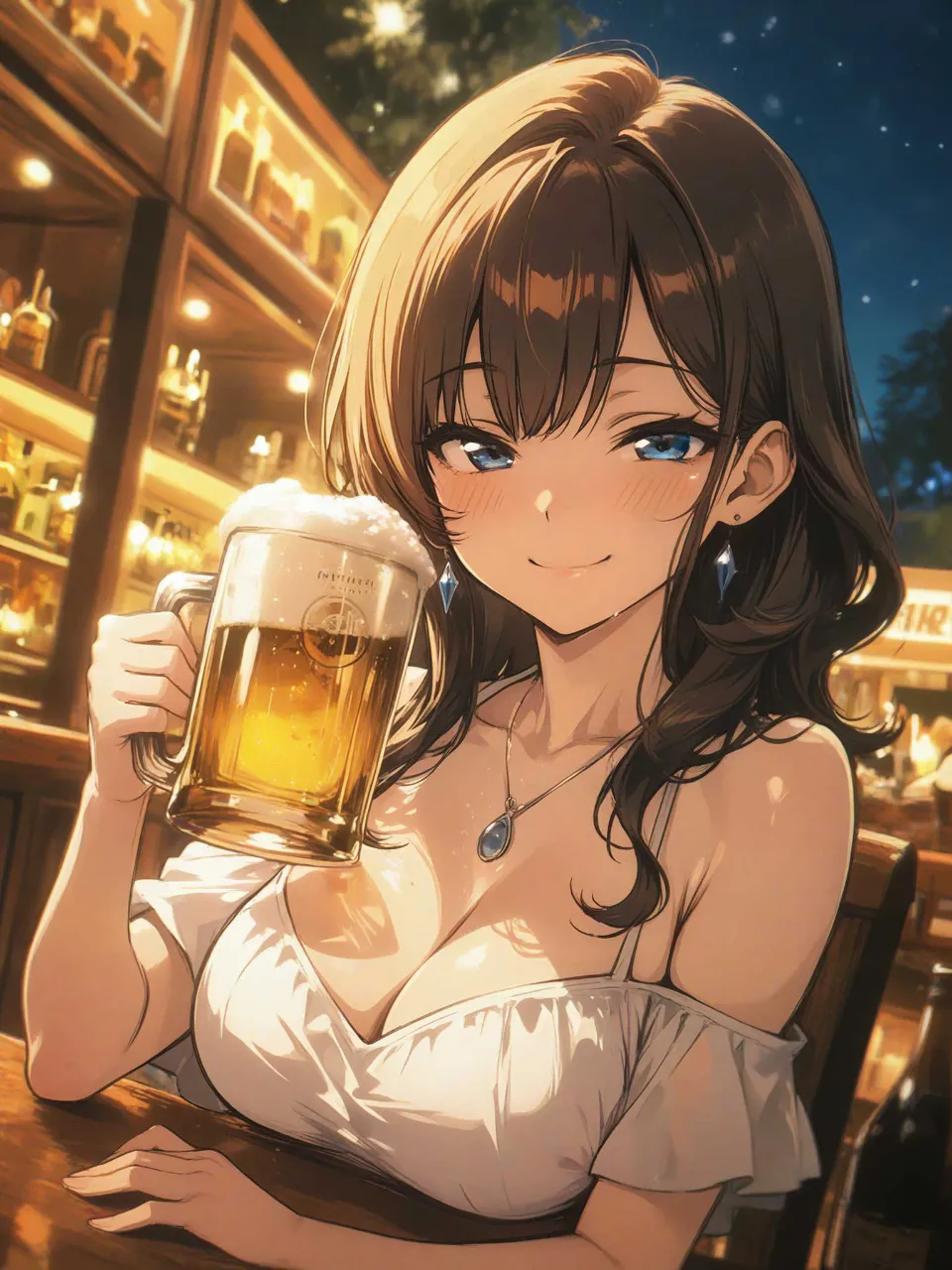 ビアガーデンでほろ酔い気分の彼女