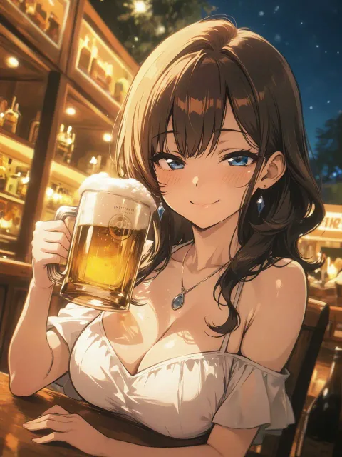 ビアガーデンでほろ酔い気分の彼女