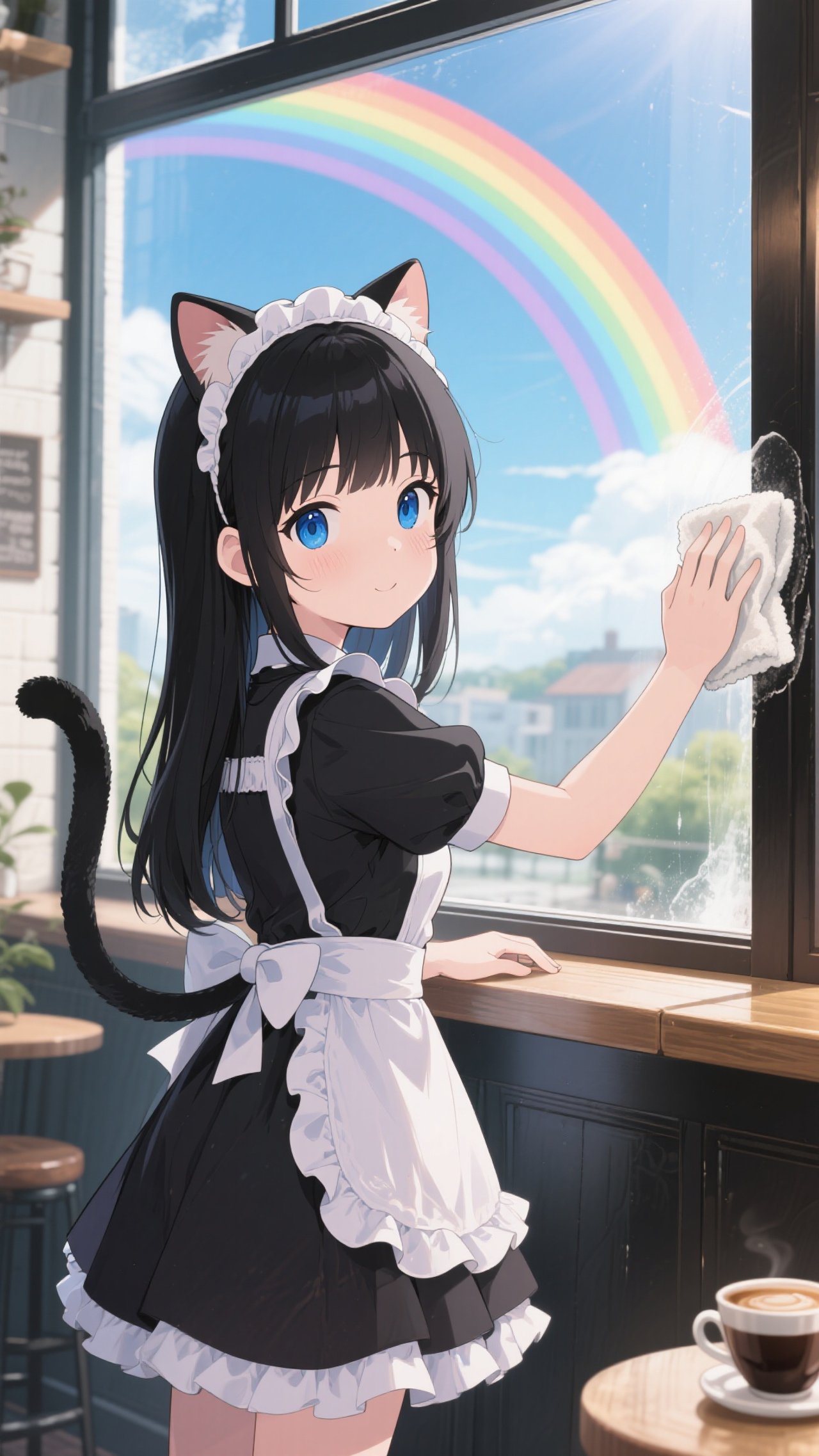 黒髪ネコ耳娘💕店長〜虹が出てるよ〜💕 — りゆさんのAIイラスト