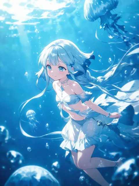 クラゲ娘の美少女、ゆらめく深海の秘密、自然な立ち姿
