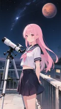 ピンク髪娘💕天文部で火星観測💫火星ってこんなに大きかった？💦