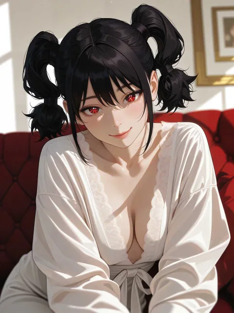 子猫と昼寝する成年女性、日だまりのソファ、黒髪のおさげ