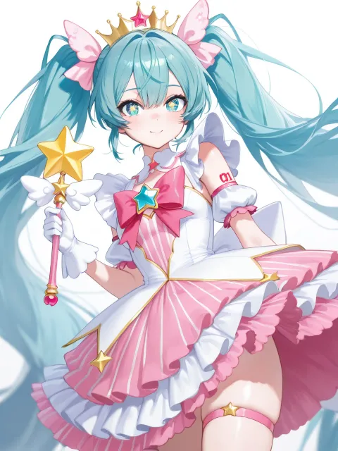 hatsune miku, magical girl, pink and white striped dress, bi…