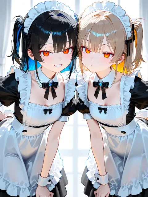 2人の幼い女の子、色違いの双子コーデ、小悪魔風メイド衣装