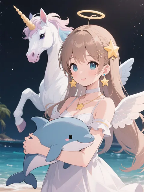 ペガサスと天使の女の子、星のピアスをつけている