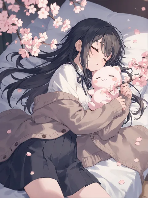 桜のベットで眠る黒髪の少女 小さく微笑む