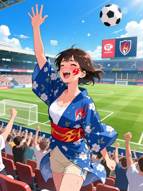 サッカー場の応援席、熱心に浴衣で応援している女性
