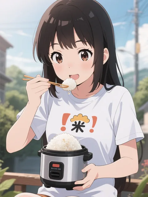 🍙を食べる少女、🍙のTシャツを着ている、炊飯器が置いてある