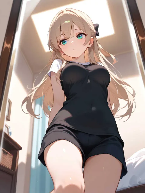 シースルーのスリップ姿の18歳くらいの少女 - 長髪 vs 短髪
