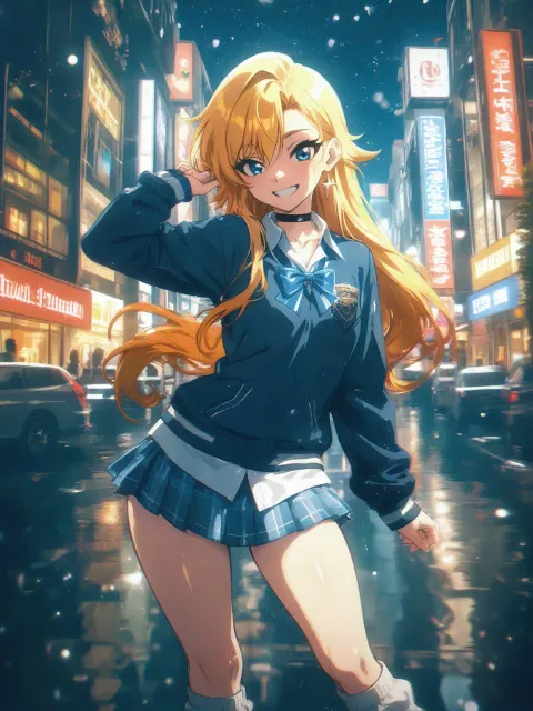 ネオンの街で、山姥ギャル、ミニスカート、ルーズソックス