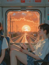 夕焼けの電車通学 — やすこさんのAIイラスト