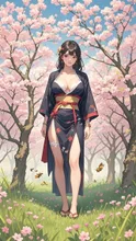最高品質、絶世の美女、桜並木、日本人、くびれた腰まわり、肌の露出が多い服、花畑、昆虫