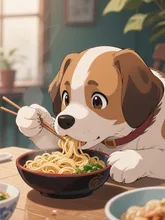 わんこ蕎麦食べるワンコ。