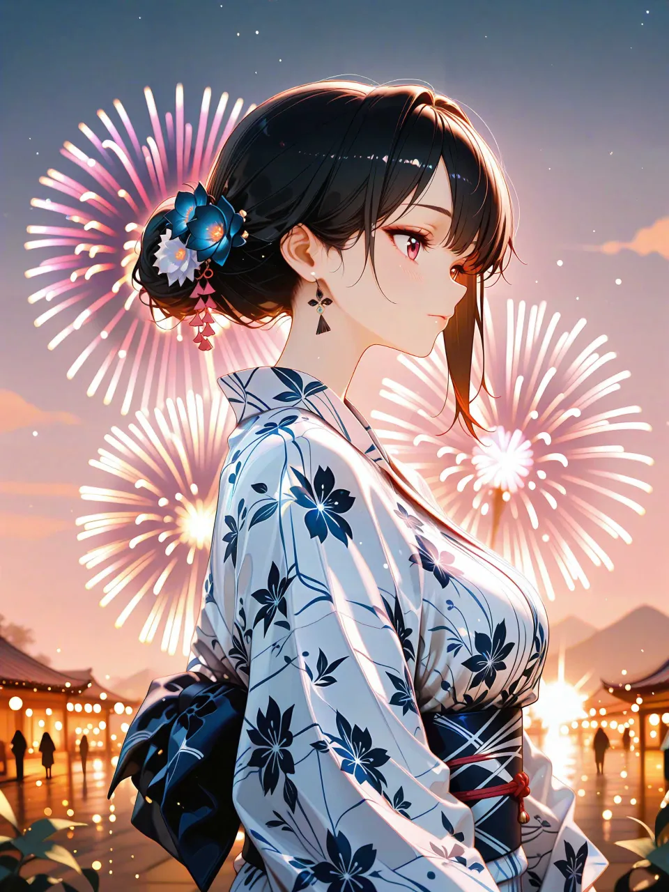 浴衣の女性と打ち上げ花火