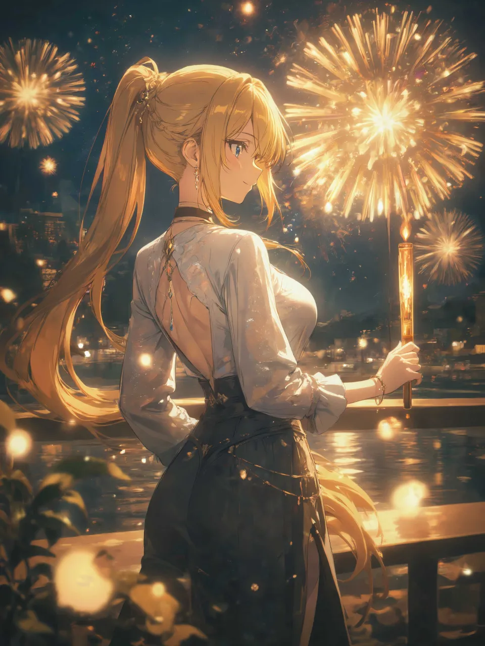 優しく花火を見守る女性花火師