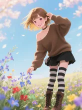 肩見せセーター娘とフリージア畑…茶 — セーターイラストのAIイラスト｜SUPPART