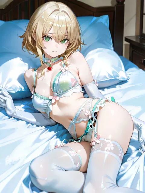 洋風の寝室、悩ましい身体の金髪美人、健康的な身体、薄暗い部屋