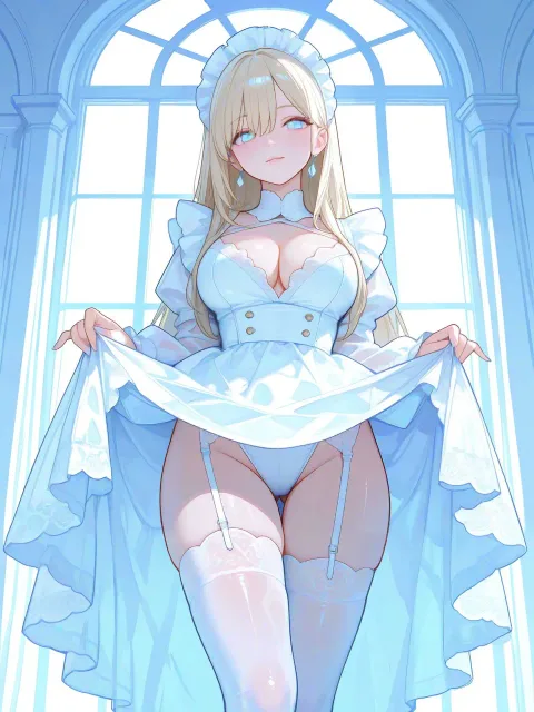 薄着で立つ色っぽい成年女性、透けている服、ニーハイソックス