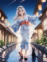 灯籠の夜に浴衣姿になってみた…パンク娘と黒ニャンコ…フィギュア…銀