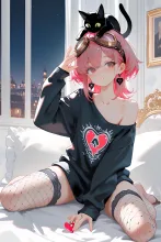 オーバーサイズのトレーナーで…パンク娘と黒ニャンコ…桃 — たくりんさんのAIイラスト