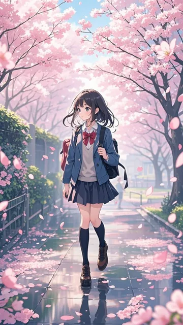 桜吹雪を追加して 幻想的に ランドセルを背負った女の子