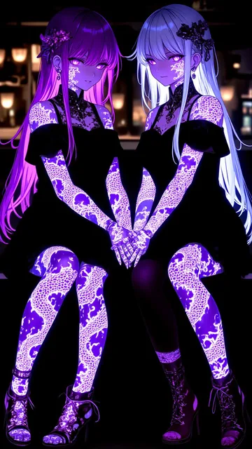 双子姉妹、黒色ゴシックロングドレス、黒色網タイツ