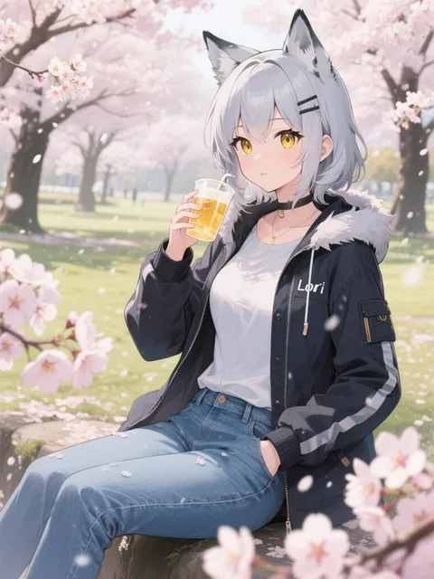 金色の瞳、銀髪medium hair、ホッキョクオオカミ耳娘