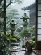 雨と苔むす石灯籠と猫の庭
