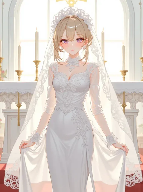 きちんとした服装、長いレースのベールをかぶった花嫁の成年女性