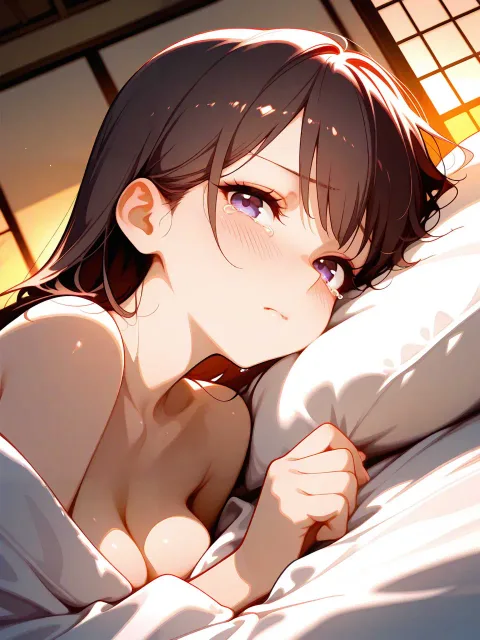 外が見える和室、布団の上に女の子、タオルケットで体を隠す