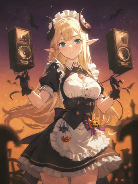 ハロウィンでしている姉妹エルフメイドカフェ音楽流しながらライ…