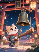 除夜の鐘を付く猫坊さん。