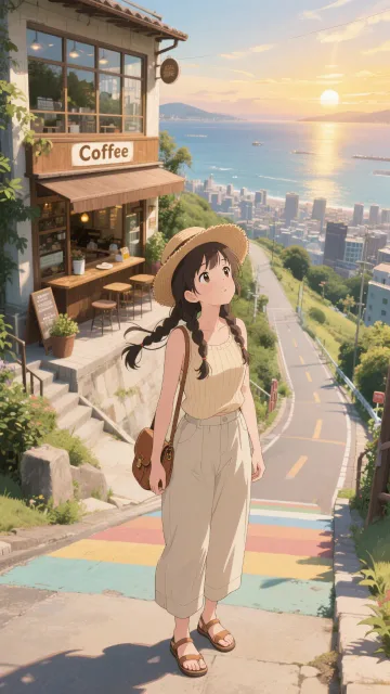 遠くを見つめる少女と、光の喫茶店