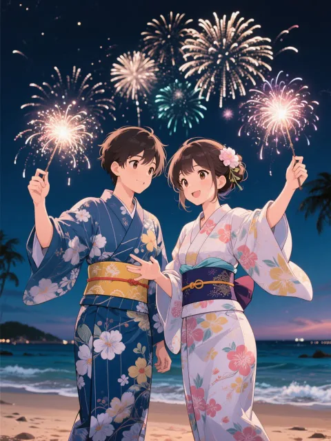 夜の浜辺でデート