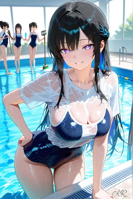プール掃除、デッキブラシ、濡れた制服、生徒たちと先生たち