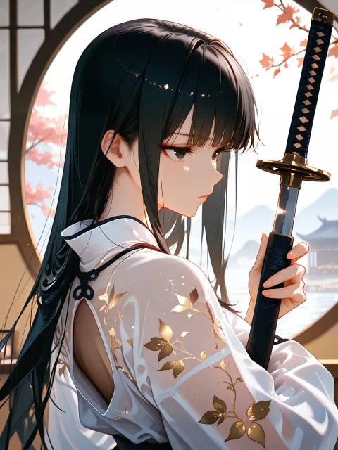 黒髪ロング、シースルー、刀に手を掛ける、身構える - 侍