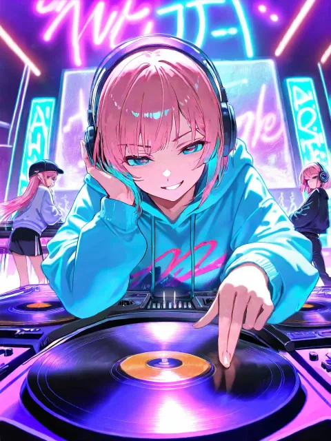 ダボダボなパーカ、ヘッドフォン - レコードをかける