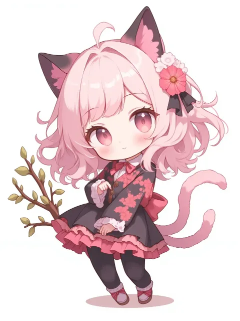 梅の花簪、猫耳と尻尾、淡い桃色でセミロングの髪、黒タイツ
