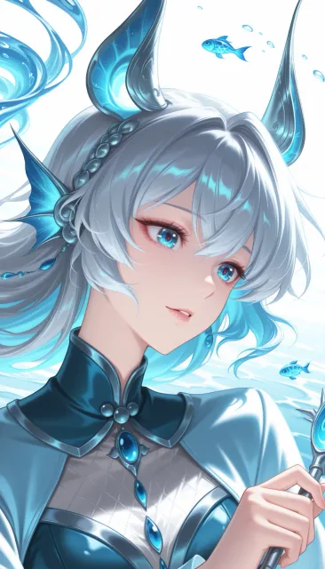 秋の鰯を擬人化したアニメ少女、青銀色のウェーブヘア、海のような深青色の瞳、鰯の銀色の光沢を取り入れた衣装、耳元に小さな魚…
