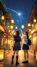 流れ星を見つけて指をさす女子高校生 — AKEYJOさんのAIイラスト