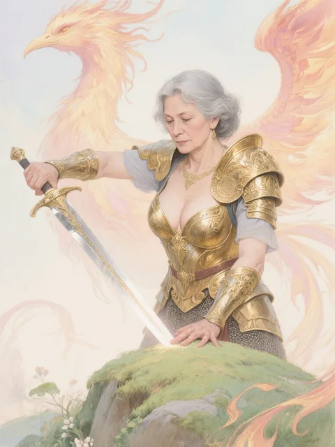 伝説の火の鳥、女性戦士、金色の甲冑、胸の谷間がセクシー