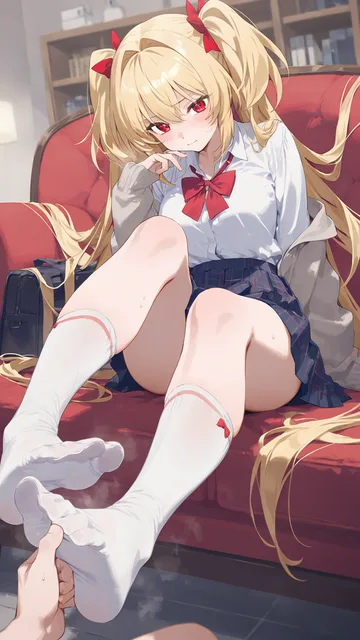 赤い目の金髪美少女が靴下を脱いでその足を嗅がせてくる