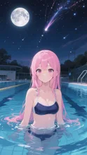 ピンク髪娘💕水泳部の練習、気付いたら🌌 — School Swimsuit Art AI art on SUPPART