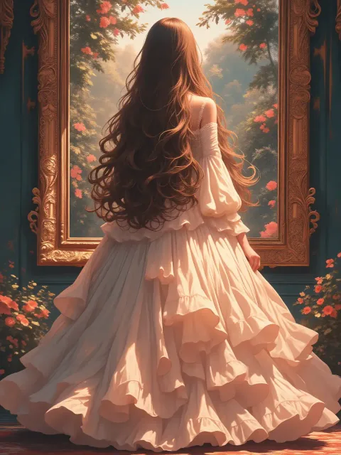 ドレスのすそが揺れる、鏡の前